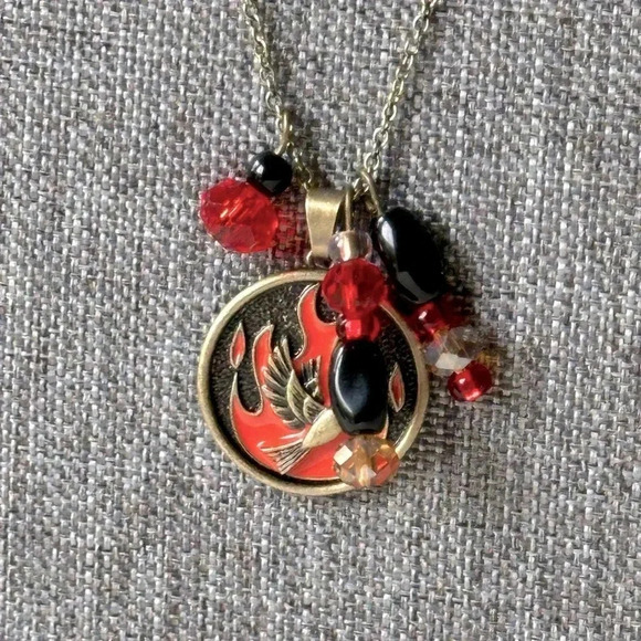 Hand Crafted Jewelry - Handmade Firebird Phoenix Necklace Set in Burnished Brass w/ Glass Beads